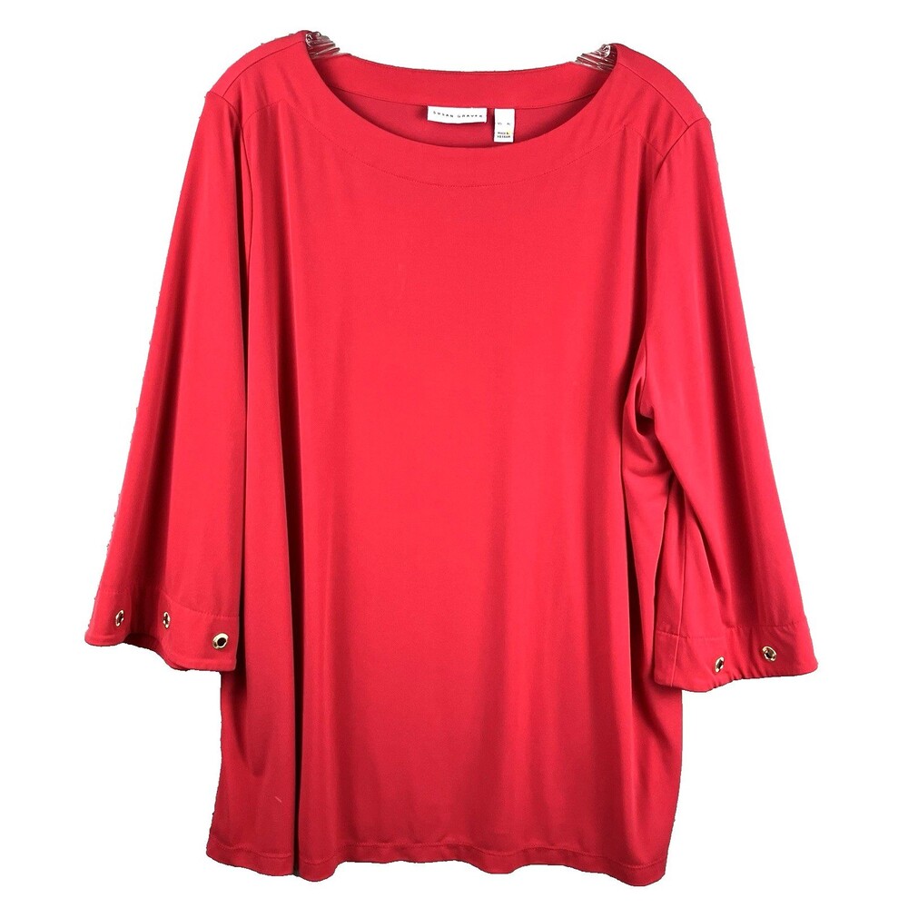 Susan Graver Liquid Knit Top XL Bright Dark Pink Relaxed Goldtone Grommet Detail